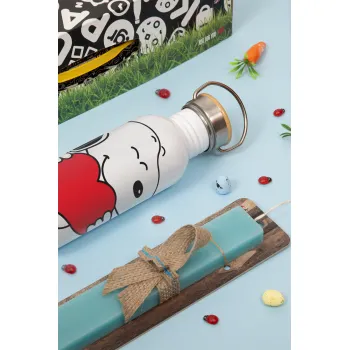 Snoopy takemy heart, Πασχαλινή Λαμπάδα με παγούρι μεταλλικό Ασημένιο αλουμινίου (500ml) & κερί αρωματικό πλακέ (30cm) (ΤΙΡΚΟΥΑΖ)