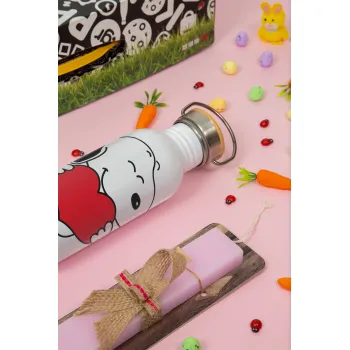 Snoopy takemy heart, Πασχαλινή Λαμπάδα με παγούρι μεταλλικό (620ml, stainless steel) & κερί αρωματικό πλακέ (30cm) (ΡΟΖ)