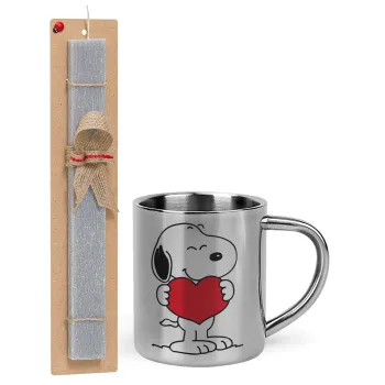 Snoopy takemy heart, Πασχαλινή Λαμπάδα με μεταλλική κούπα θερμό (300ml) & κερί αρωματικό πλακέ (30cm) (ΓΚΡΙ)