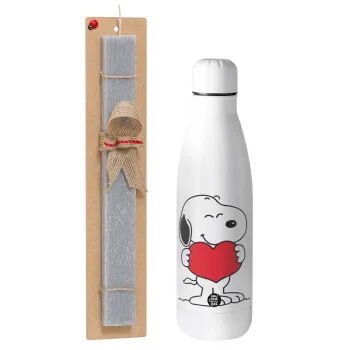 Snoopy takemy heart, Πασχαλινή Λαμπάδα με μεταλλικό παγούρι θερμός ανοξείδωτο (500ml) & κερί αρωματικό πλακέ (30cm) (ΓΚΡΙ)