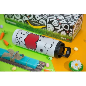 Snoopy takemy heart, Πασχαλινή Λαμπάδα με Travel Tumbler θερμό με διπλό καπάκι (600ml, BPA free) & κερί αρωματικό πλακέ (30cm) (ΤΙΡΚΟΥΑΖ)