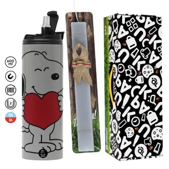 Snoopy takemy heart, Πασχαλινή Λαμπάδα με Travel Tumbler θερμό (600ml, BPA free) & κερί αρωματικό πλακέ (30cm) (ΓΚΡΙ)