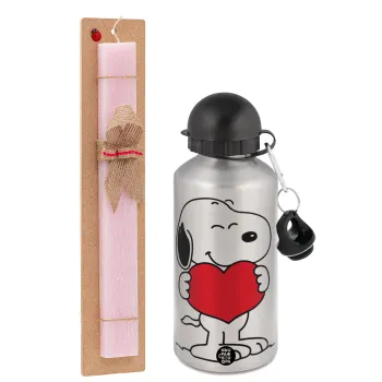 Snoopy takemy heart, Easter Set, metallic Silver aluminum water bottle (500ml) & scented flat Easter candle (30cm) (PINK)