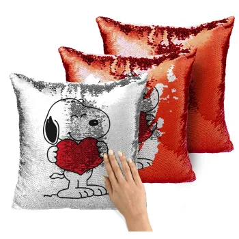 Snoopy takemy heart, Μαξιλάρι καναπέ Μαγικό Κόκκινο με πούλιες 40x40cm περιέχεται το γέμισμα