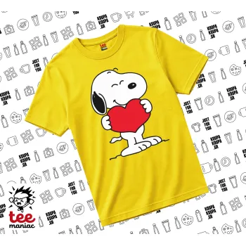 Snoopy takemy heart, yellow childrens T-Shirt made of 100% cotton, for every day. Vegan & OEKO-TEX certified.