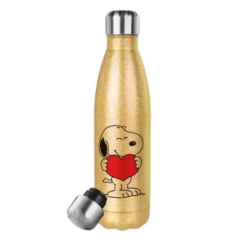 Snoopy takemy heart, Glitter gold stainless steel thermos bottle, double-walled, 500ml