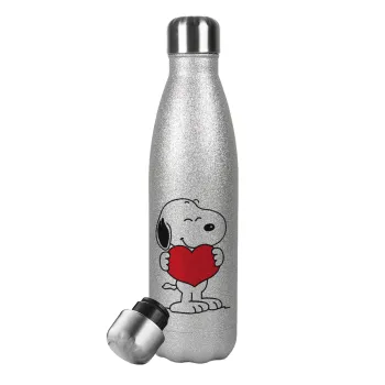 Snoopy takemy heart, Metallic Glitter Silver Thermos Flask (Stainless steel), double-walled, 500ml