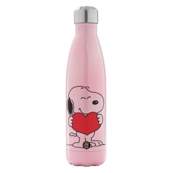 Snoopy takemy heart, Metal mug thermos Pink Iridiscent (Stainless steel), double wall, 500ml