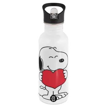 Snoopy takemy heart, White water bottle with straw, stainless steel 600ml