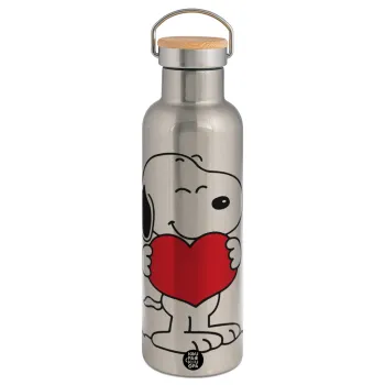 Snoopy takemy heart, Stainless steel Silver with wooden lid (bamboo), double wall, 750ml