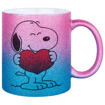 Snoopy takemy heart, Κούπα Χρυσή/Μπλε Glitter, κεραμική, 330ml