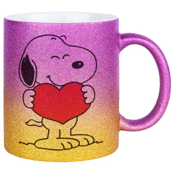 Snoopy takemy heart, Κούπα Χρυσή/Ροζ Glitter, κεραμική, 330ml
