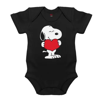 Snoopy takemy heart, Βρεφικό φορμάκι μωρού, 0-18 μηνών, ΜΑΥΡΟ, 100% Organic Cotton, κοντομάνικο