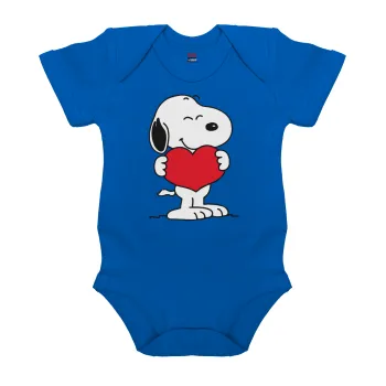 Snoopy takemy heart, Βρεφικό φορμάκι μωρού, Μπλε Κοβαλτίου, 100% Organic Cotton, κοντομάνικο