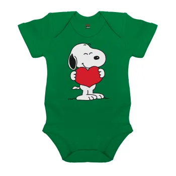 Snoopy takemy heart, Βρεφικό φορμάκι μωρού, ΠΡΑΣΙΝΟ, 100% Organic Cotton, κοντομάνικο