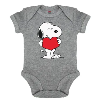 Snoopy takemy heart, Βρεφικό φορμάκι μωρού, 0-18 μηνών, ΓΚΡΙ ΜΕΛΑΝΖΕ, 100% Organic Cotton, κοντομάνικο