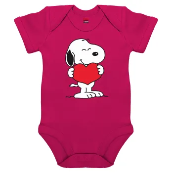 Snoopy takemy heart, Βρεφικό φορμάκι μωρού, 0-18 μηνών, ΡΟΖ, 100% Organic Cotton, κοντομάνικο