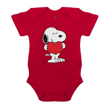 Snoopy takemy heart, Βρεφικό φορμάκι μωρού, ΚΟΚΚΙΝΟ, 100% Organic Cotton, κοντομάνικο