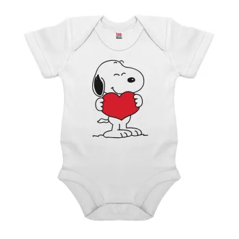 Snoopy takemy heart, Βρεφικό φορμάκι μωρού, 0-24 μηνών, ΛΕΥΚΟ, 100% Organic Cotton, κοντομάνικο