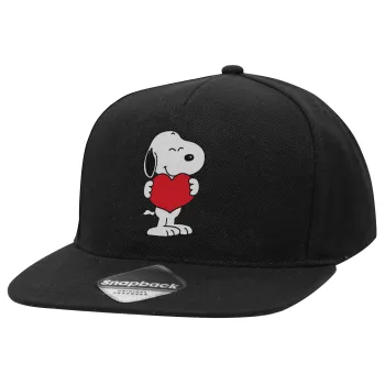 Snoopy takemy heart, Καπέλο Ενηλίκων Flat Snapback Μαύρο, (100% ΒΑΜΒΑΚΕΡΟ TWILL, ΕΝΗΛΙΚΩΝ, UNISEX, ONE SIZE)