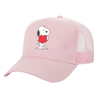 Snoopy takemy heart, Καπέλο Ενηλίκων Structured Trucker, με Δίχτυ, ΡΟΖ (100% ΒΑΜΒΑΚΕΡΟ, ΕΝΗΛΙΚΩΝ, UNISEX, ONE SIZE)