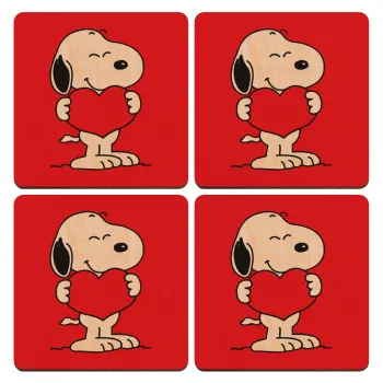 Snoopy takemy heart, ΣΕΤ x4 Σουβέρ ξύλινα τετράγωνα plywood (9cm)