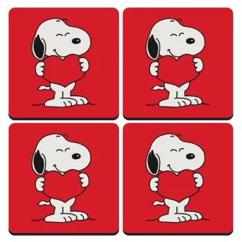 Snoopy takemy heart, ΣΕΤ 4 Σουβέρ ξύλινα τετράγωνα (9cm)