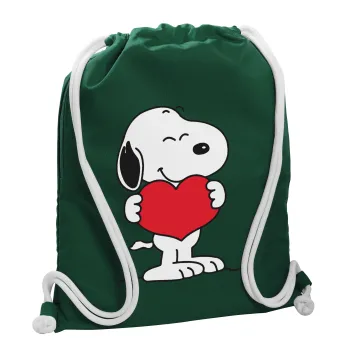 Snoopy takemy heart, Τσάντα πλάτης πουγκί GYMBAG BOTTLE GREEN, με τσέπη (40x48cm) & χονδρά λευκά κορδόνια