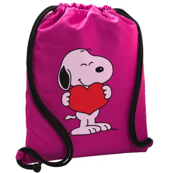 Snoopy takemy heart, Backpack pouch GYMBAG Fuchsia, with pocket (40x48cm) & thick cords