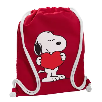 Snoopy takemy heart, Τσάντα πλάτης πουγκί GYMBAG Κόκκινη, με τσέπη (40x48cm) & χονδρά κορδόνια