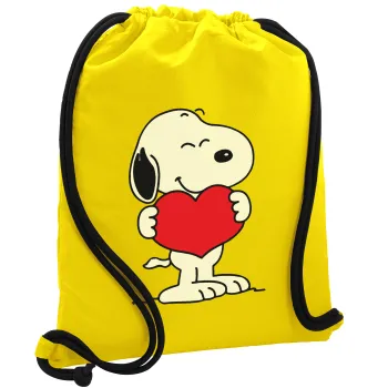 Snoopy takemy heart, Backpack pouch GYMBAG Yellow, with pocket (40x48cm) & thick cords