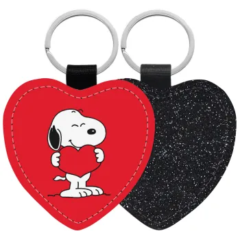 Snoopy takemy heart, Μπρελόκ PU δερμάτινο glitter καρδιά ΜΑΥΡΟ