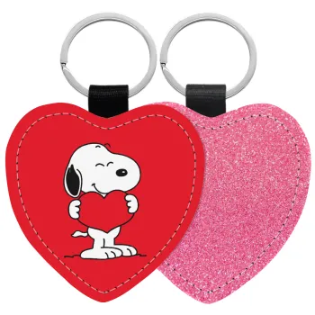 Snoopy takemy heart, Μπρελόκ PU δερμάτινο glitter καρδιά ΡΟΖ