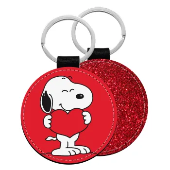 Snoopy takemy heart, Μπρελόκ Δερματίνη, στρογγυλό ΚΟΚΚΙΝΟ (5cm)