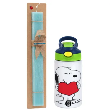 Snoopy takemy heart, Πασχαλινή Λαμπάδα με Παιδικό παγούρι θερμό, ανοξείδωτο, με καλαμάκι ασφαλείας, πράσινο/μπλε (350ml) & κερί αρωματικό πλακέ (30cm) (ΤΙΡΚΟΥΑΖ)