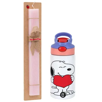 Snoopy takemy heart, Easter Set, Children's thermal stainless steel water bottle with safety straw, pink/purple (350ml) & Easter scented flat candle (30cm) (PINK)