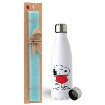 Snoopy takemy heart, Easter Set, metallic stainless steel water bottle (750ml) & aromatic flat Easter candle (30cm) (TURQUOISE)