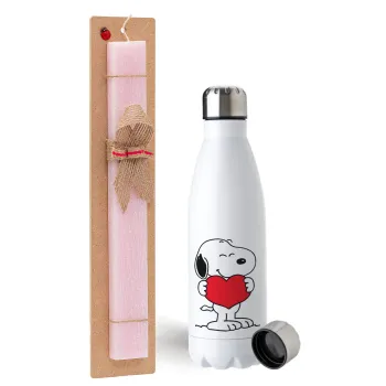 Snoopy takemy heart, Easter Set, metallic stainless steel water bottle (750ml) & scented flat Easter candle (30cm) (PINK)