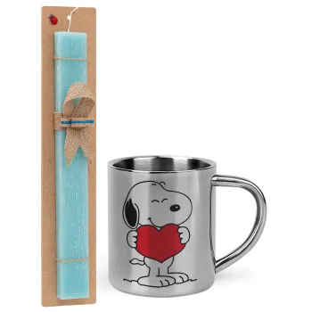 Snoopy takemy heart, Easter Set, metallic thermal cup (300ml) & aromatic flat Easter candle (30cm) (TURQUOISE)