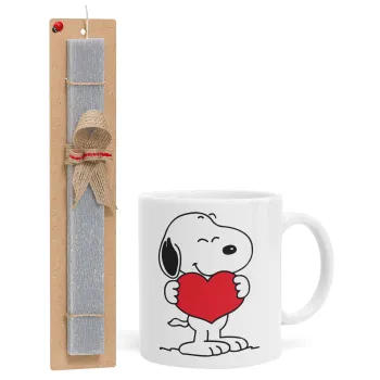 Snoopy takemy heart, Πασχαλινή Λαμπάδα με Κούπα κεραμική (330ml) & κερί αρωματικό πλακέ (30cm) (ΓΚΡΙ)
