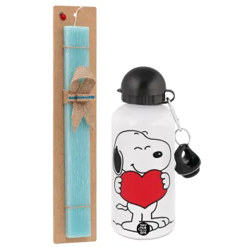 Snoopy takemy heart, Easter Set, metallic aluminum water bottle (500ml) & scented flat candle (30cm) (TURQUOISE)