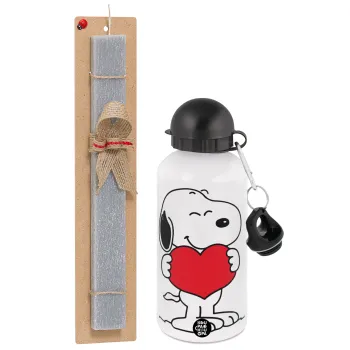 Snoopy takemy heart, Πασχαλινή Λαμπάδα με παγούρι μεταλλικό  αλουμινίου (500ml) & κερί αρωματικό πλακέ (30cm) (ΓΚΡΙ)