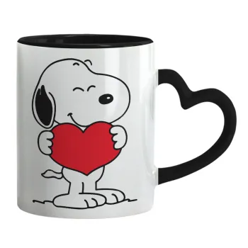 Snoopy takemy heart, Κούπα καρδιά χερούλι μαύρη, κεραμική, 330ml