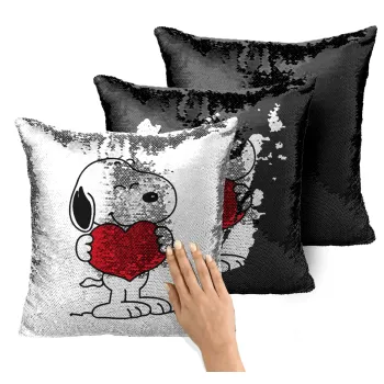 Snoopy takemy heart, Μαξιλάρι καναπέ Μαγικό Μαύρο με πούλιες 40x40cm περιέχεται το γέμισμα
