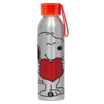 Snoopy takemy heart, Αλουμινένιο Αθλητικό Μπουκάλι 650ml – Ασημί με Κόκκινο Καπάκι και Λουράκι Σιλικόνης