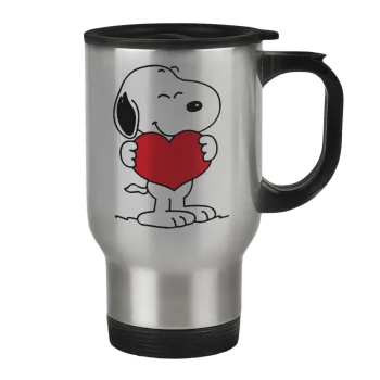 Snoopy takemy heart, Κούπα ταξιδιού ανοξείδωτη με καπάκι, διπλού τοιχώματος (θερμό) 450ml