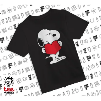 Snoopy takemy heart, Άνετο παιδικό T-Shirt ΜΑΥΡΟ από 100% βαμβάκι, για κάθε μέρα. Vegan & OEKO-TEX πιστοποιημένο.