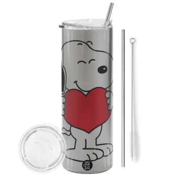 Snoopy takemy heart, Tumbler stainless steel Silver 600ml, with metal straw & cleaning brush