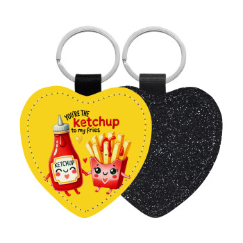 Ketchup To My Fries, Μπρελόκ PU δερμάτινο glitter καρδιά ΜΑΥΡΟ