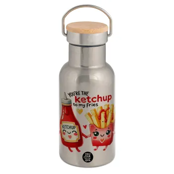 Ketchup To My Fries, Μεταλλικό παγούρι θερμός (Stainless steel) Ασημένιο με ξύλινο καπακι (bamboo), διπλού τοιχώματος, 350ml